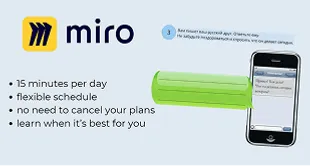 Showing a smartphone and text listing benefits: 15 minutes per day, flexible schedule, no need to cancel plans, learn at your convenience.